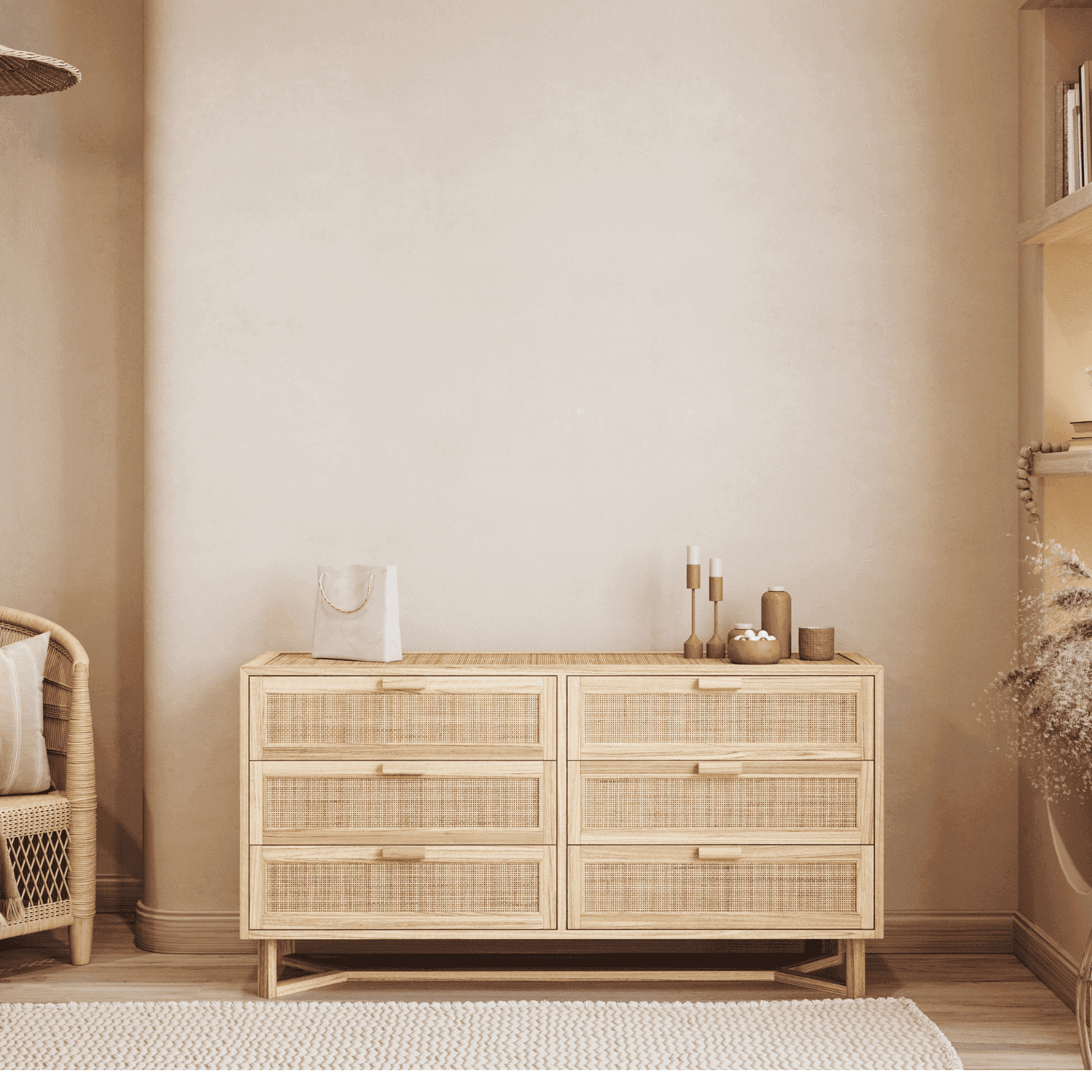 Cozy room with rattan sideboard, candles, and neutral decor.