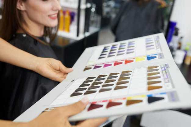 Woman choosing hair color from a palette at a salon.