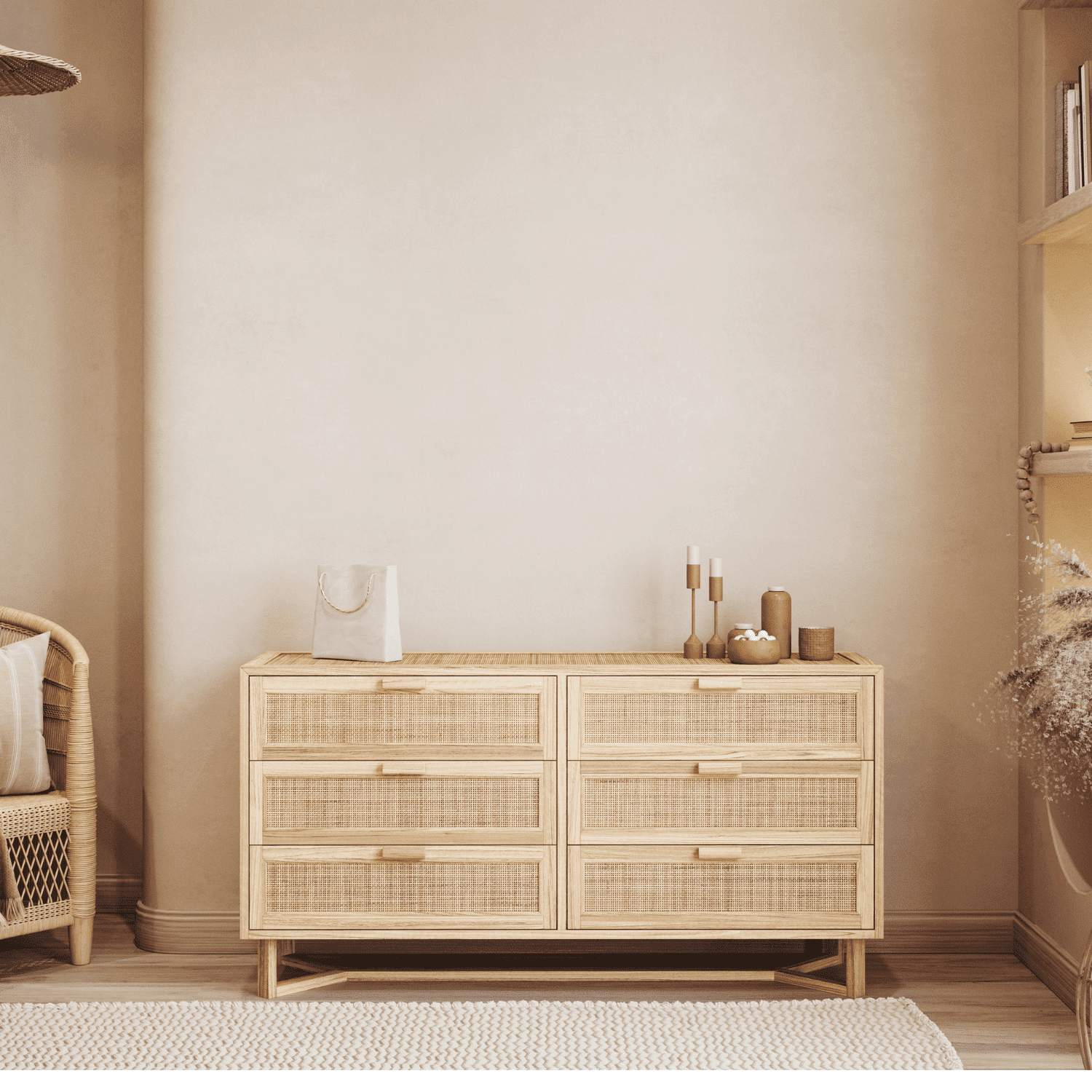 Cozy room with rattan sideboard, candles, and neutral decor.