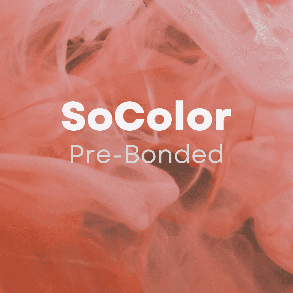 SoColor Pre-Bonded text over a swirling pink and orange abstract background.